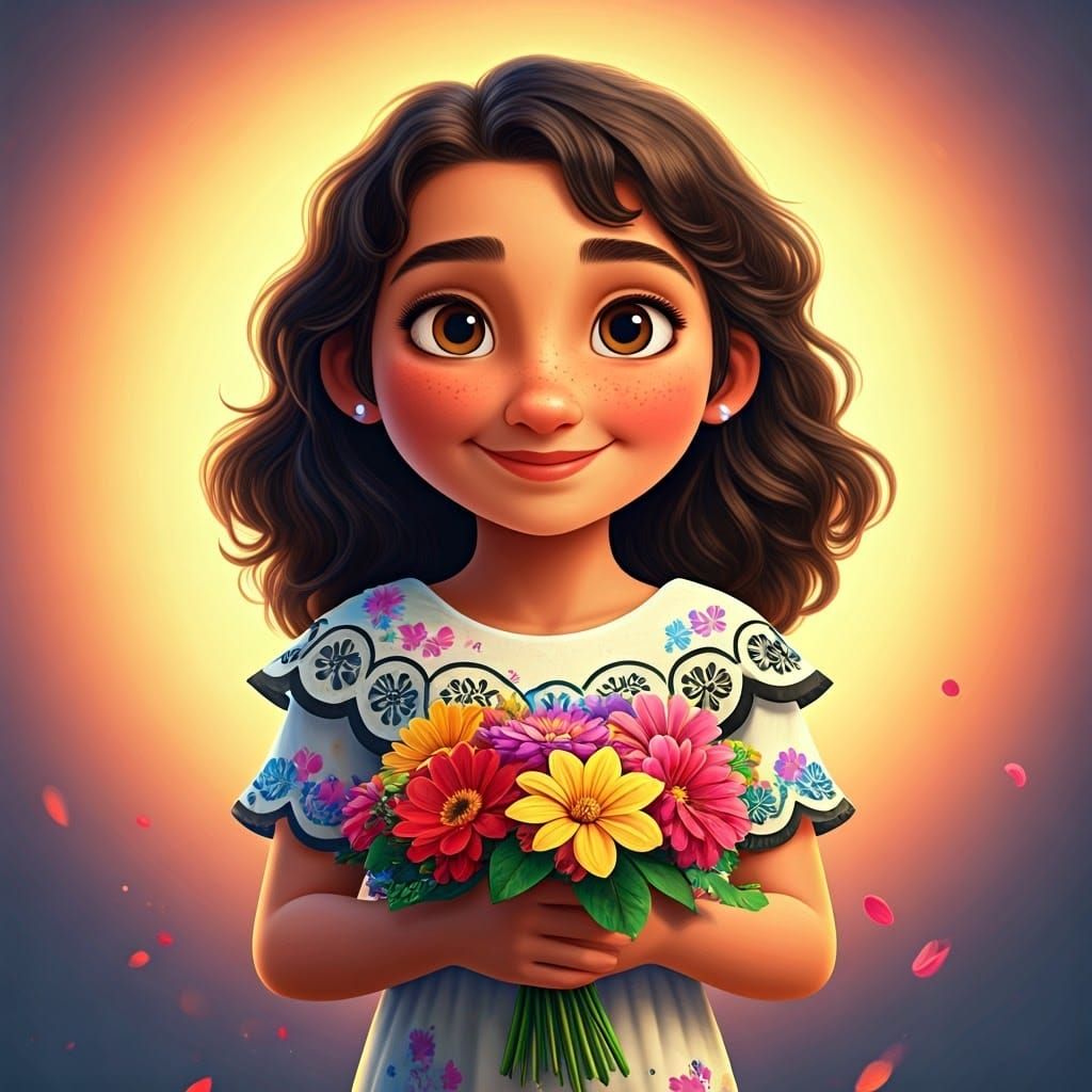 Whimsical Girl with Vibrant Flowers in a Pixar-Inspired Suns...