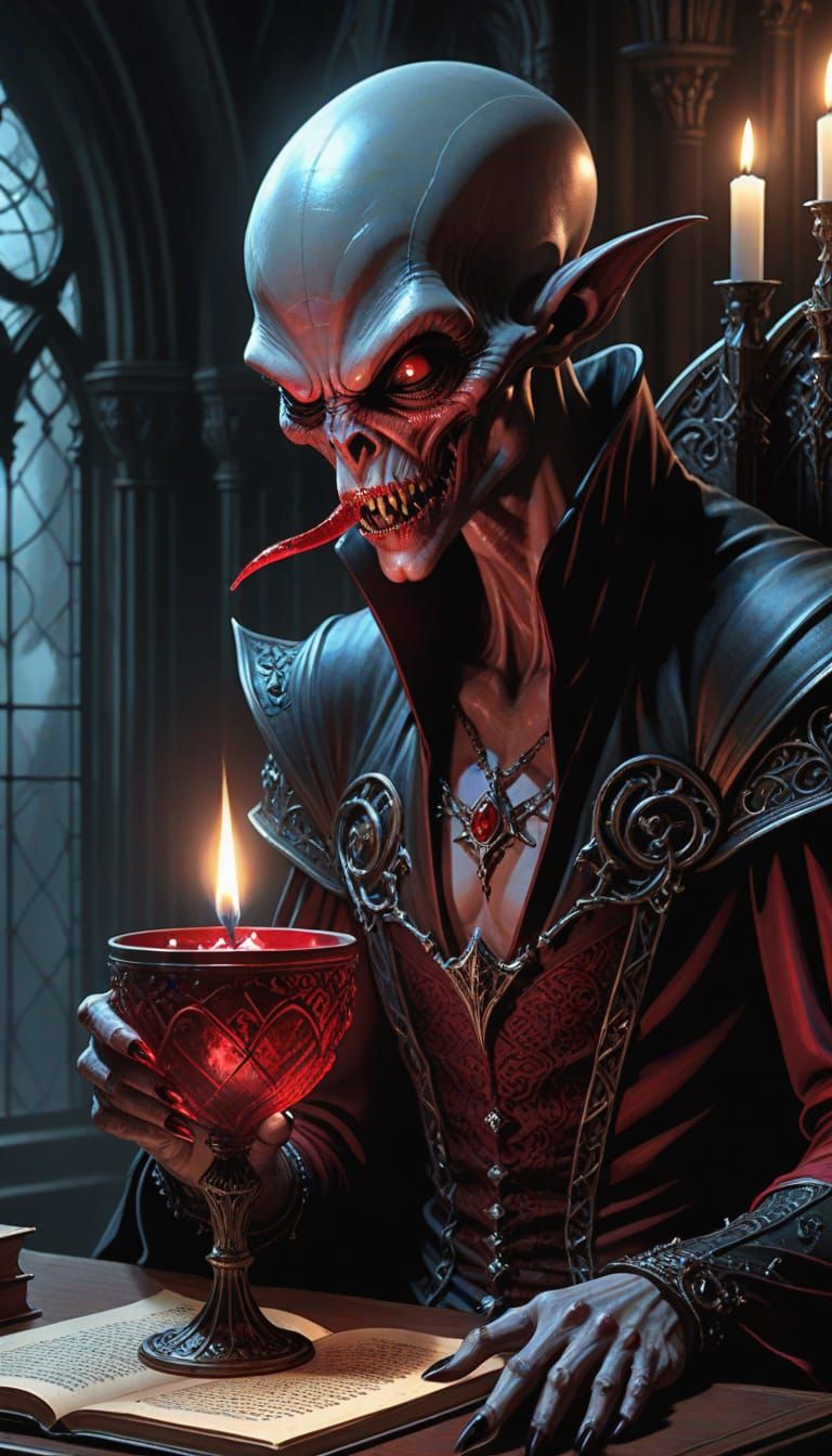 Alien Vampire Sipping Blood in Gothic Study
