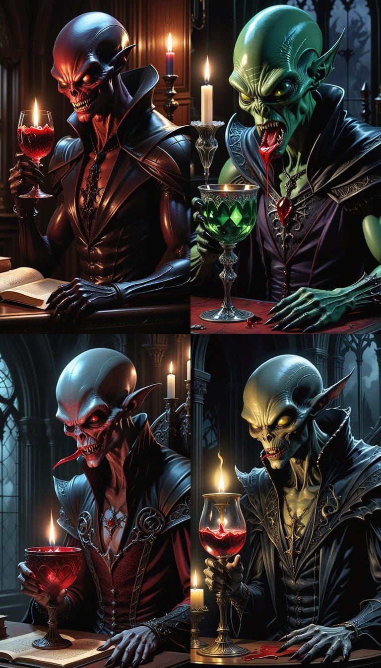 Green Alien Vampire in Gothic Study, Comic Book Art