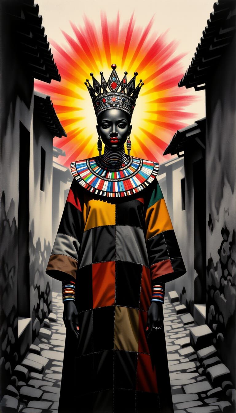 Charcoal Drawing of Figure with Beaded Crown and Fiery Halo