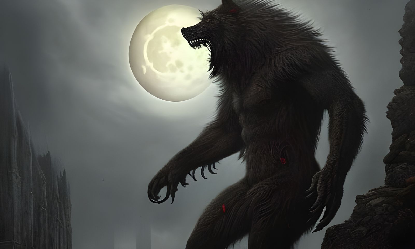 Terrifying Werewolf Against Blood Moon in Hyperrealistic Sty...
