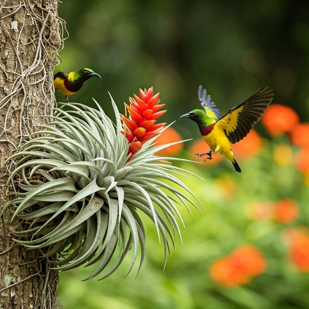 Garden Tree with Blooming Air Plant and Sunbirds