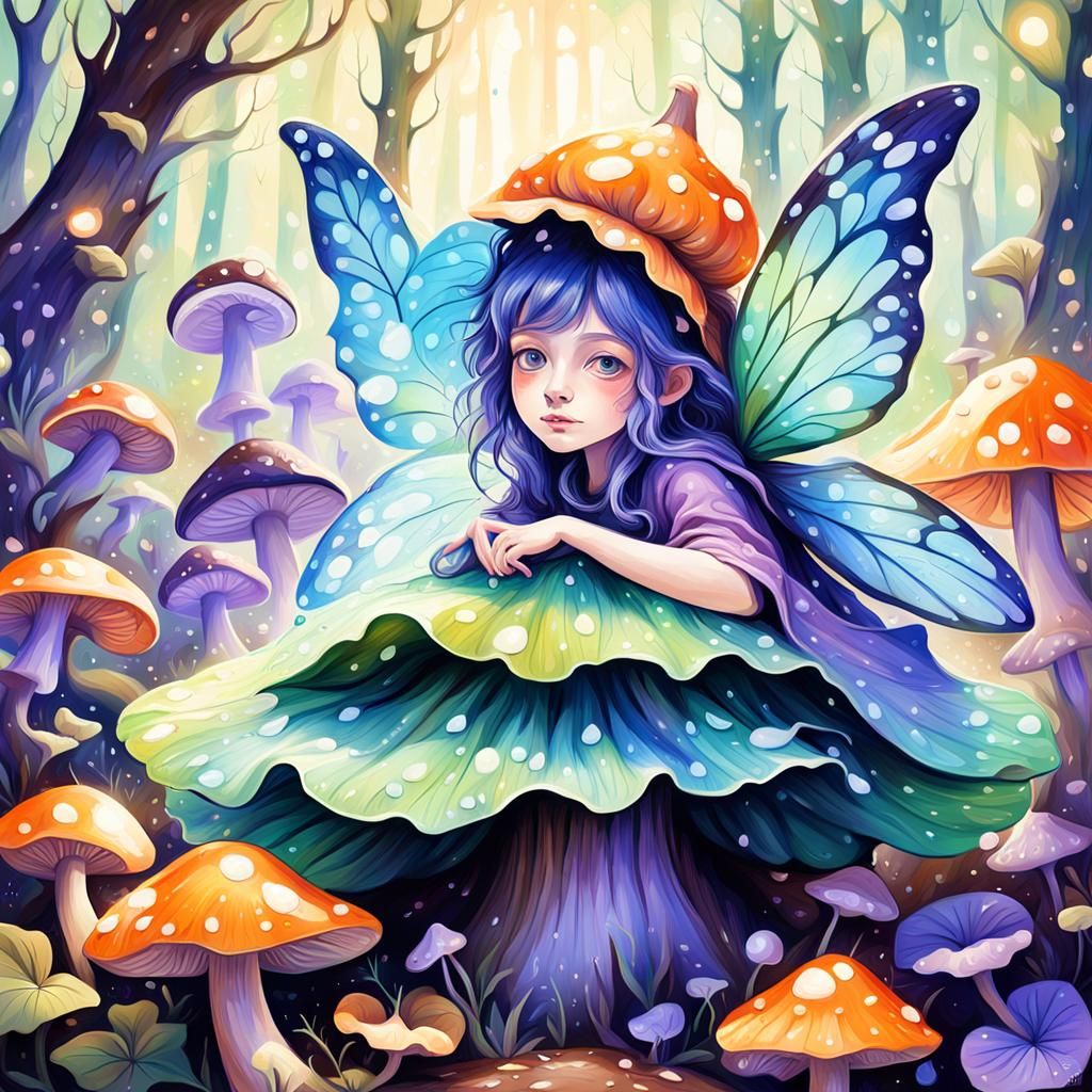 Fairy on Mushroom in Fauvist Painting Style