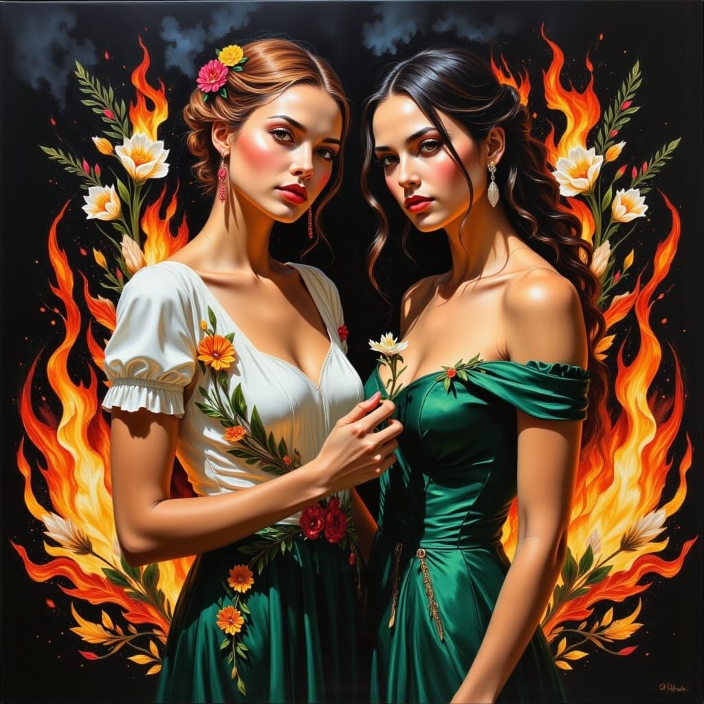 Women Fight Fire in Romantic Realism Style