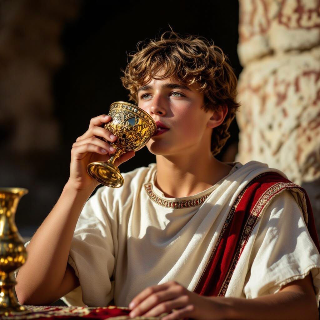 Roman Teenager Drinks Wine from Jeweled Chalice