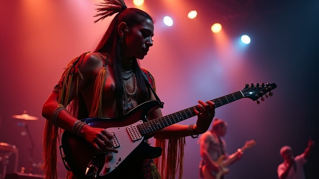 Native American Rockstar Performs Electric Guitar Solo