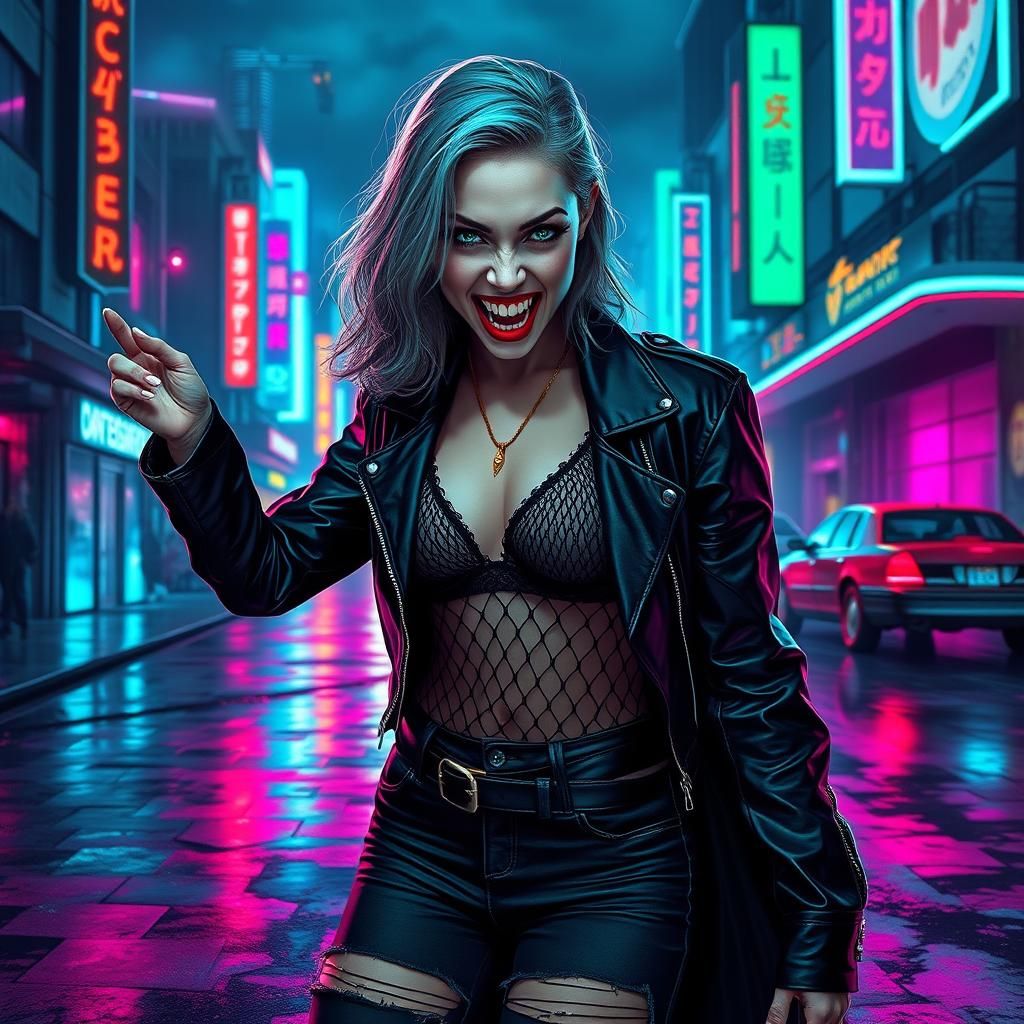 Vampire in Dystopian Cityscape: Synthwave Style