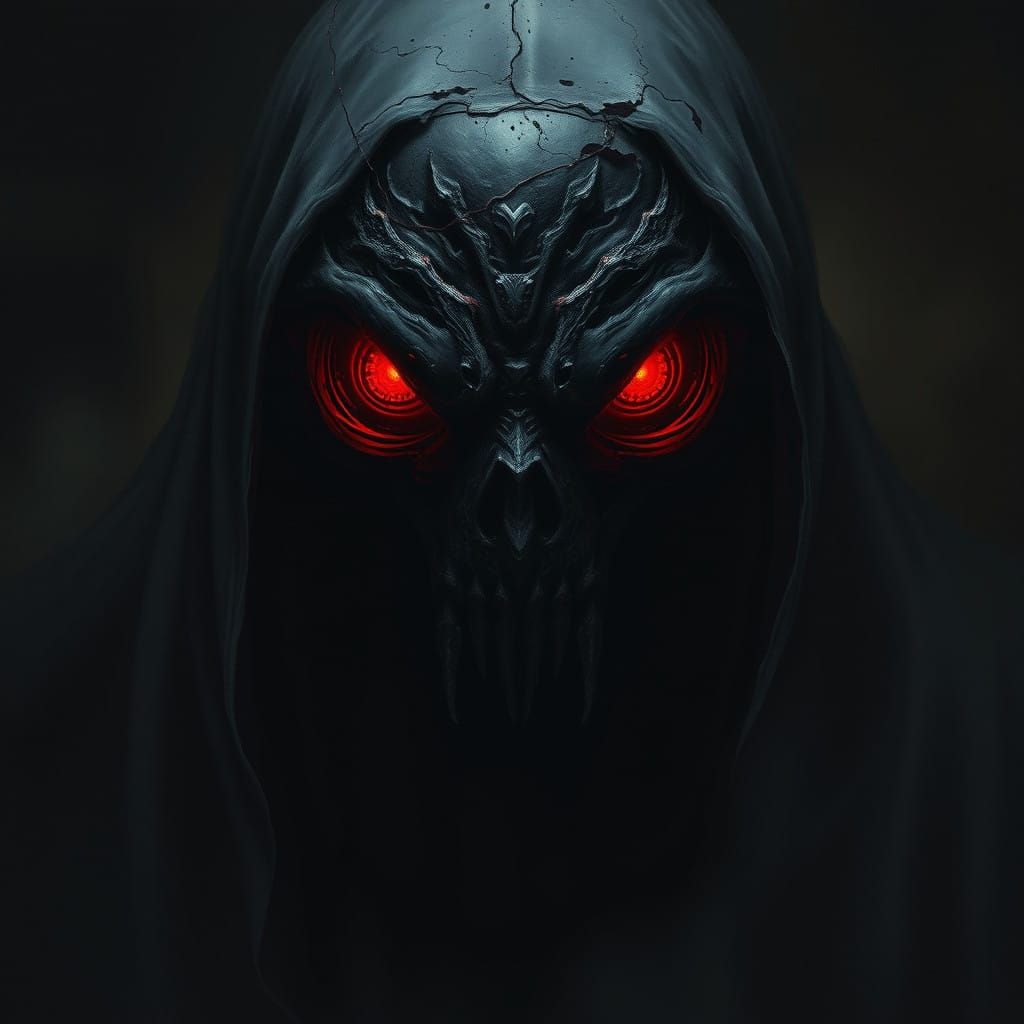 Dark Figure with Piercing Red Eyes in Gothic Fantasy Style