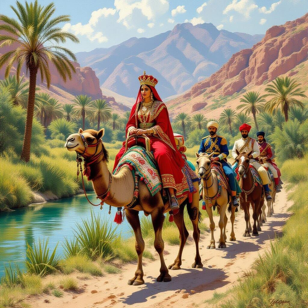 Moroccan Queen's Wadi Journey: An Orientalist Painting