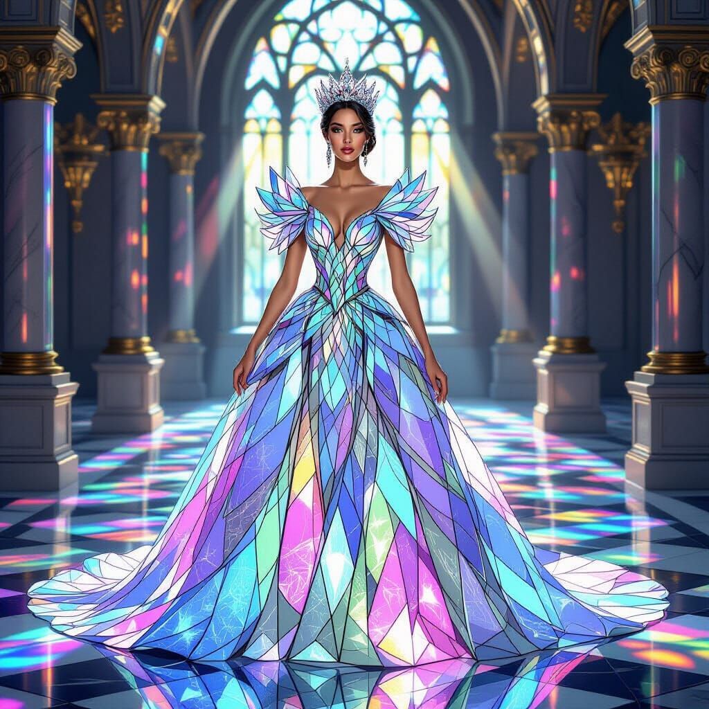 Queen in Stained Glass Gown in Grand Hall