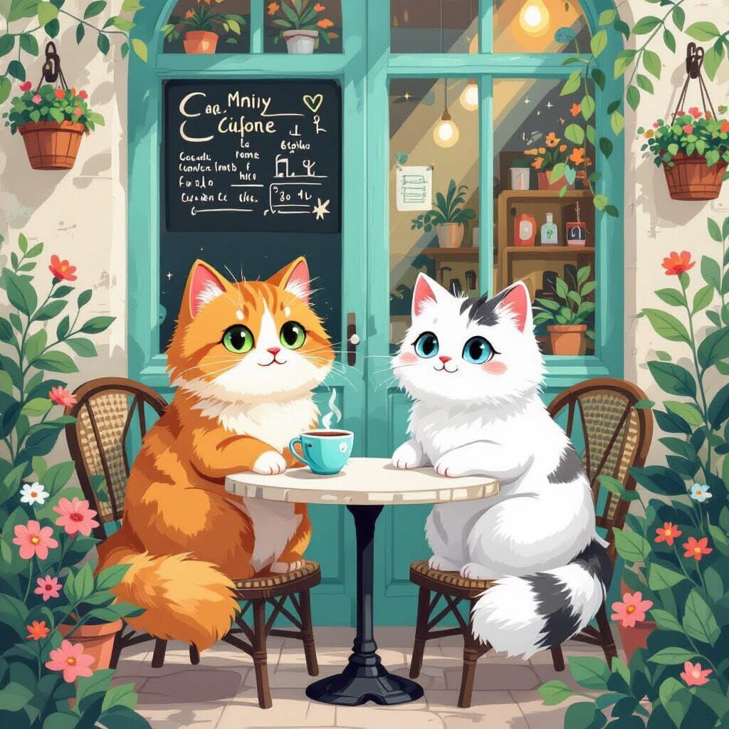 Cats in Cozy Coffee Shop: Digital Art