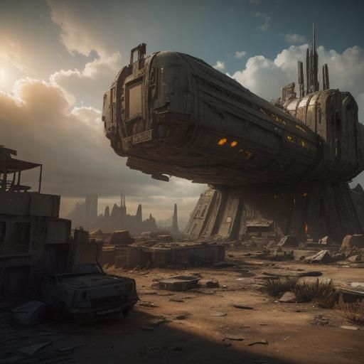 Abandoned Spaceship in Wasteland Ruins: 3D Cinematic Game Ar...