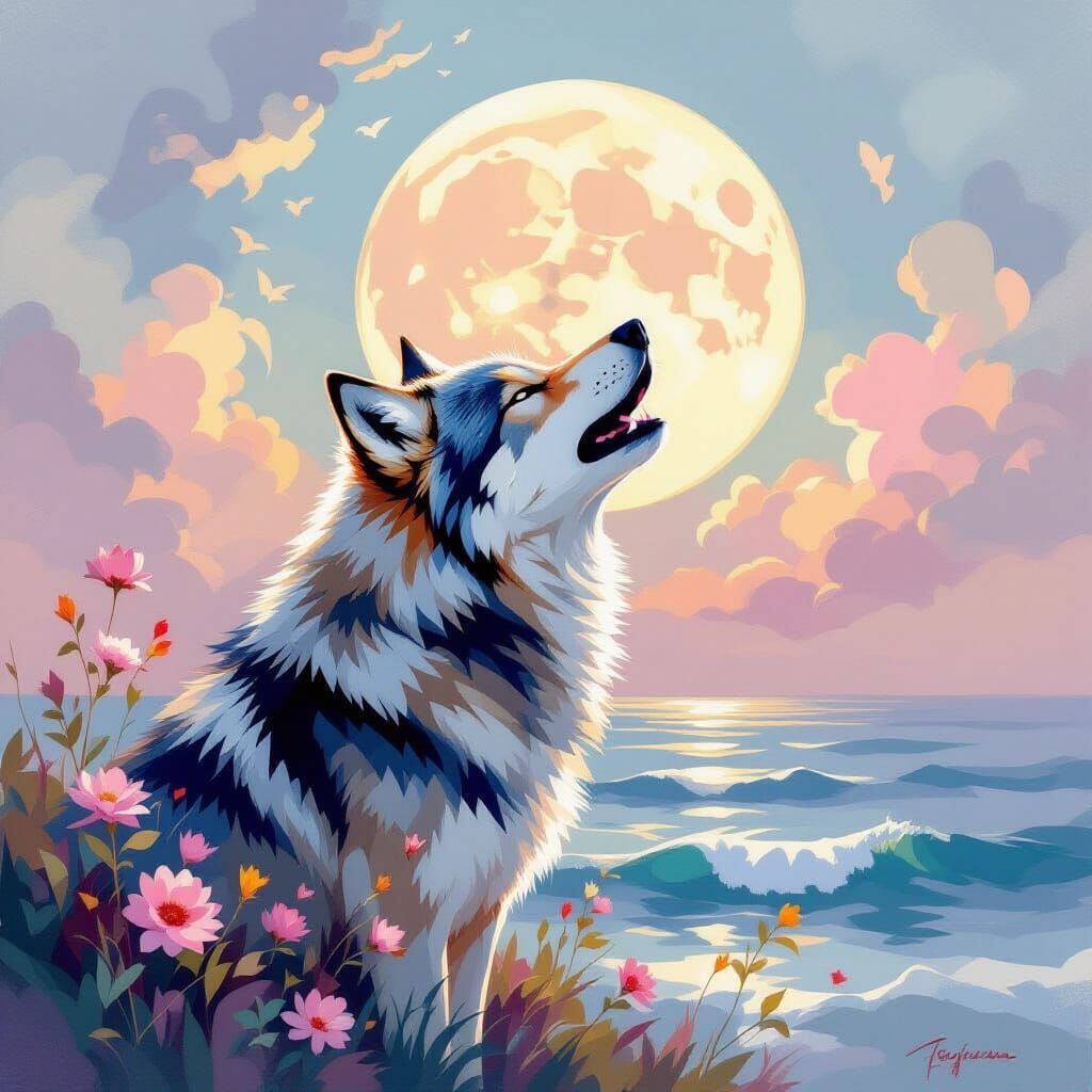 Wolf Howling at Moon in Impressionist Rococo Style