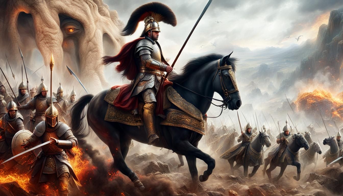 Epic Ancient Battle Scene with Warriors and Elephants