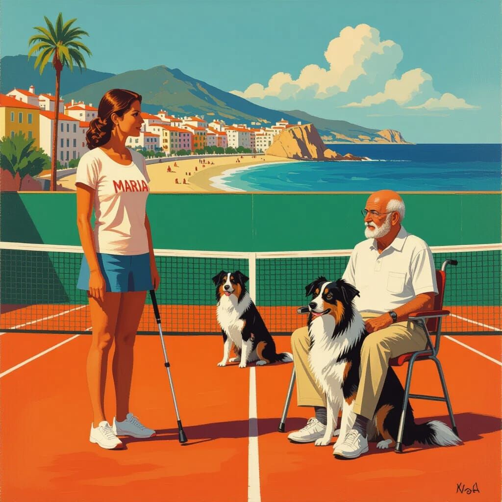 Tennis Court Scene on Beach in Hockney Rockwell Style
