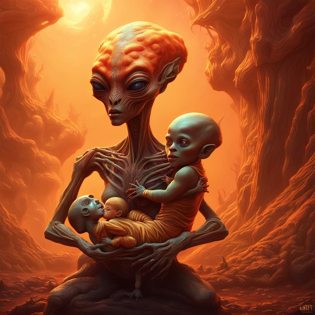 Alien Mother and Child in Surreal Landscape