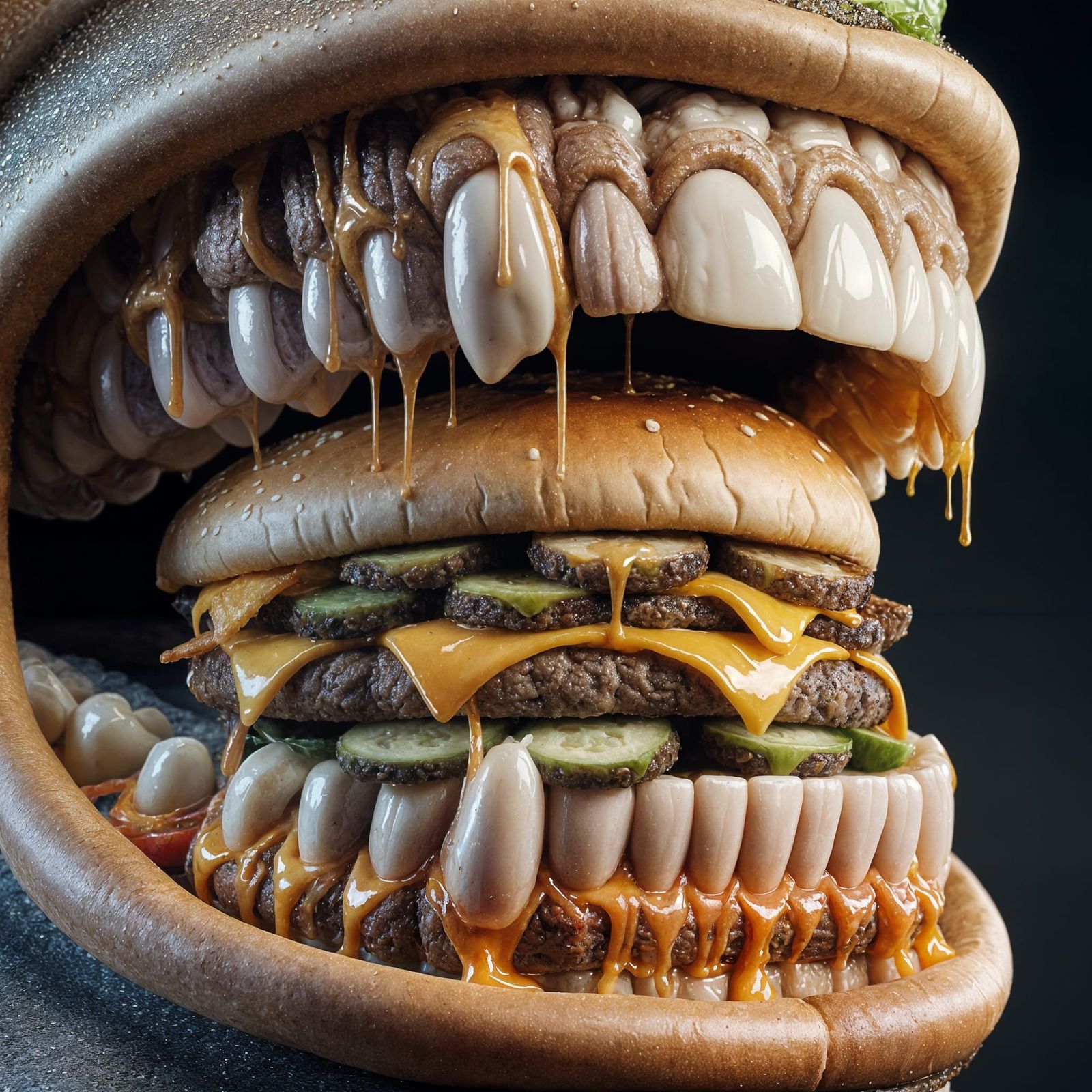 Detailed AI Art of a Mouth Devouring a Cheeseburger