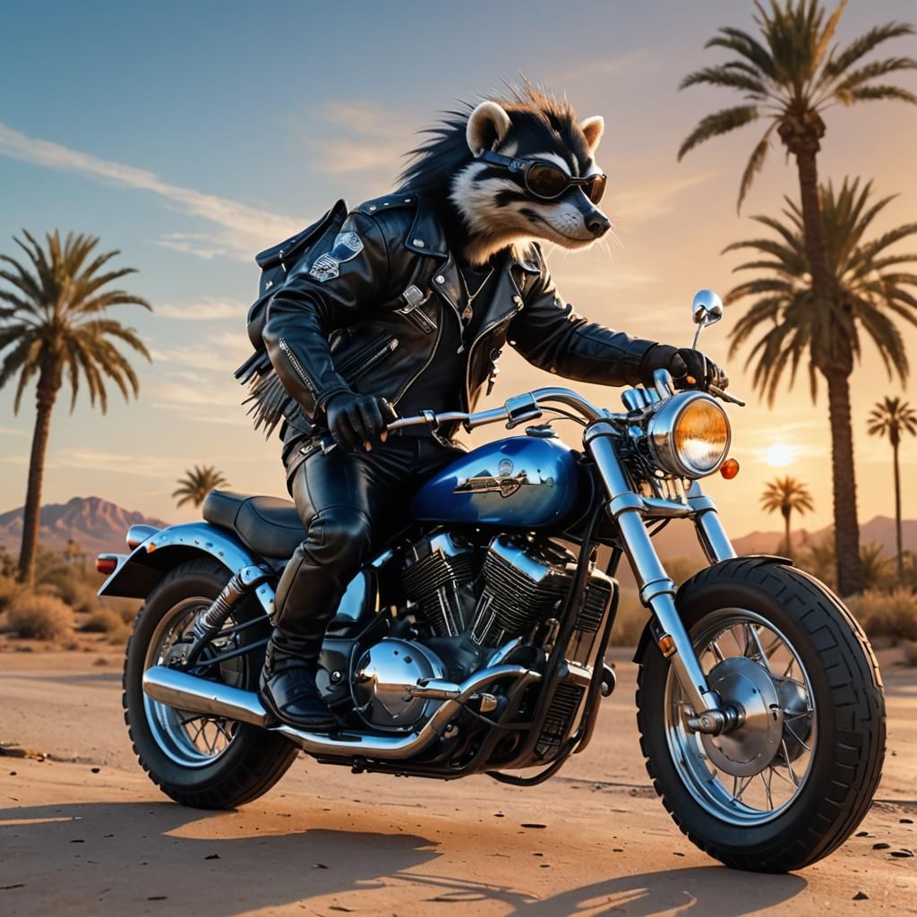Rugged Skunk Rider in Sunset Desert Landscape