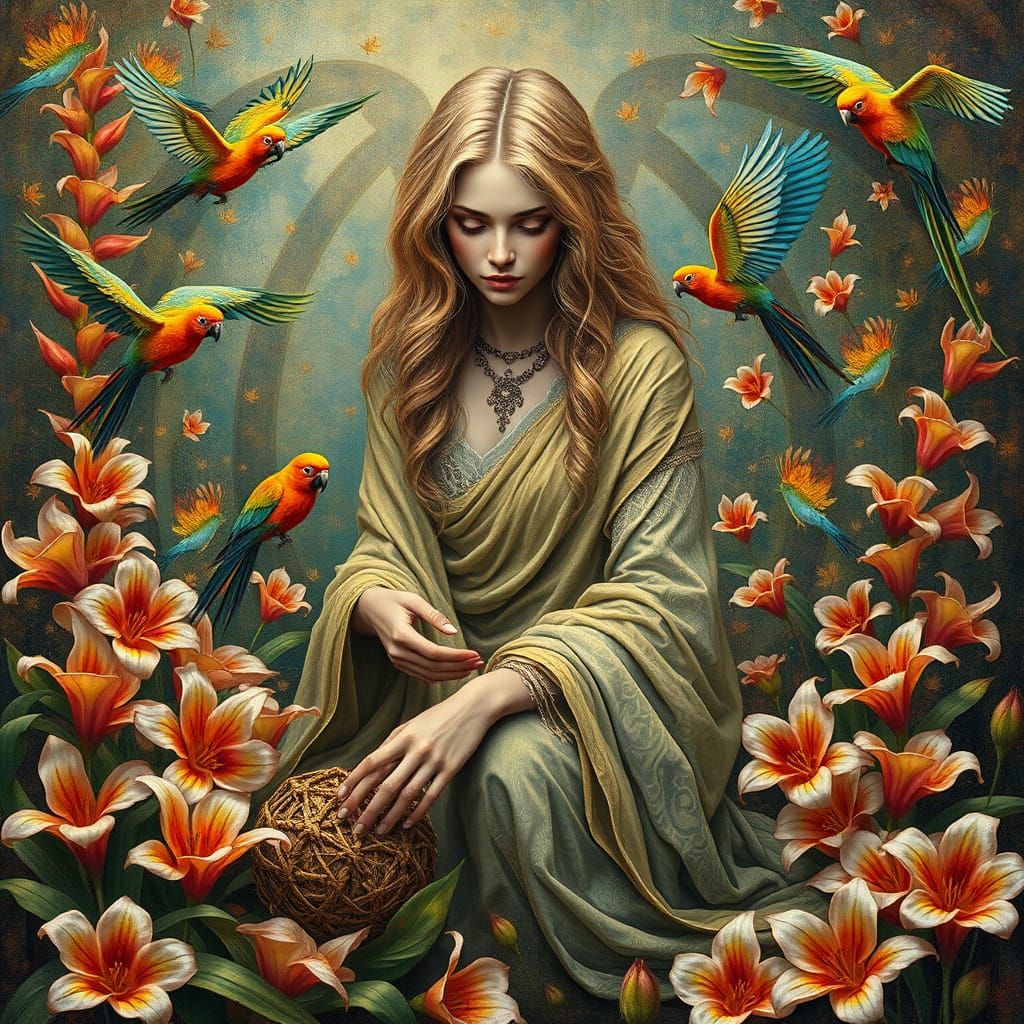 Ethereal Woman Amidst Fritillaria Tapestry in Dreamlike Bio-...