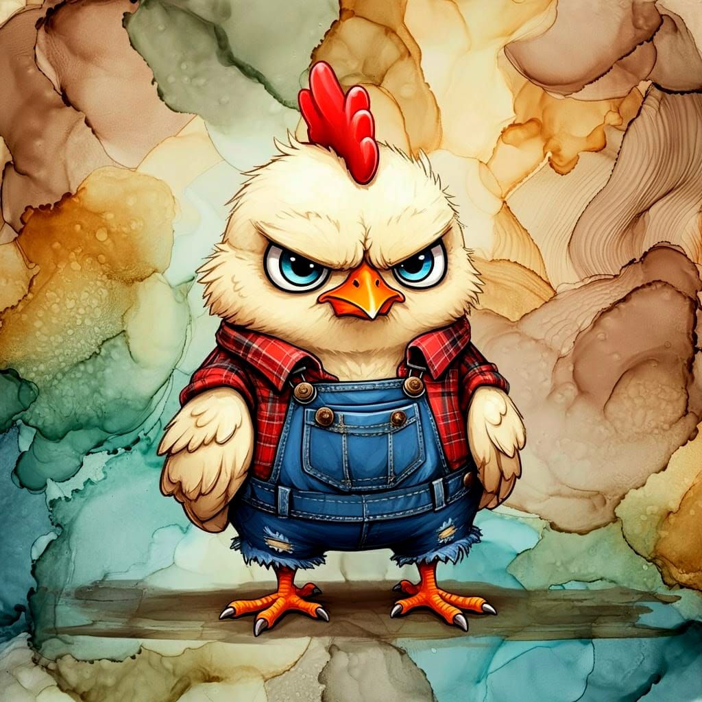 Grumpy Chick in Overalls, 3D Patchwork Style