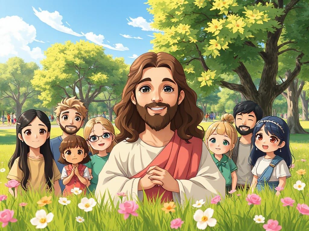 Joyful Anime-Inspired Jesus Scene in a Vibrant Park