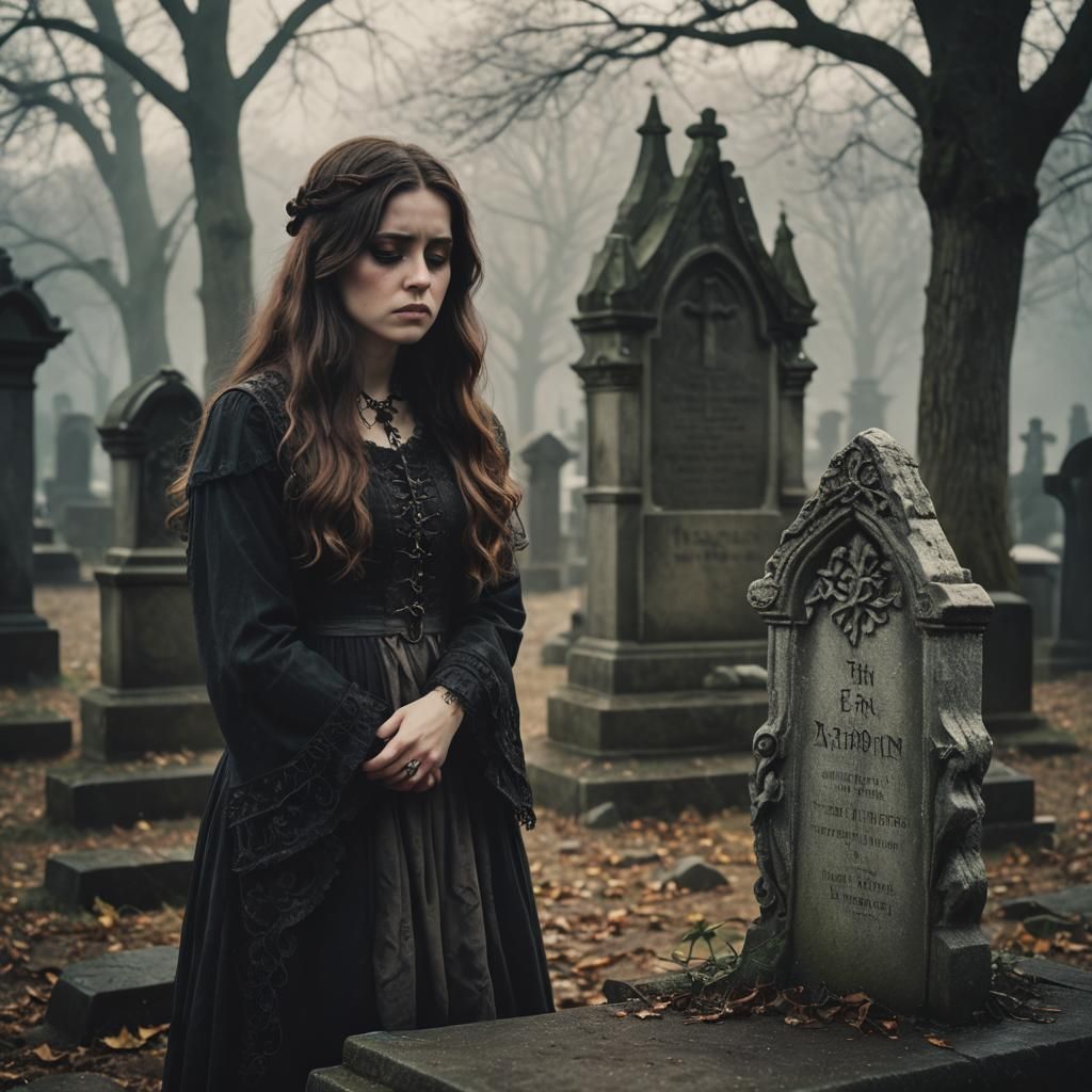 Gothic Woman in Cemetery with Golden Light