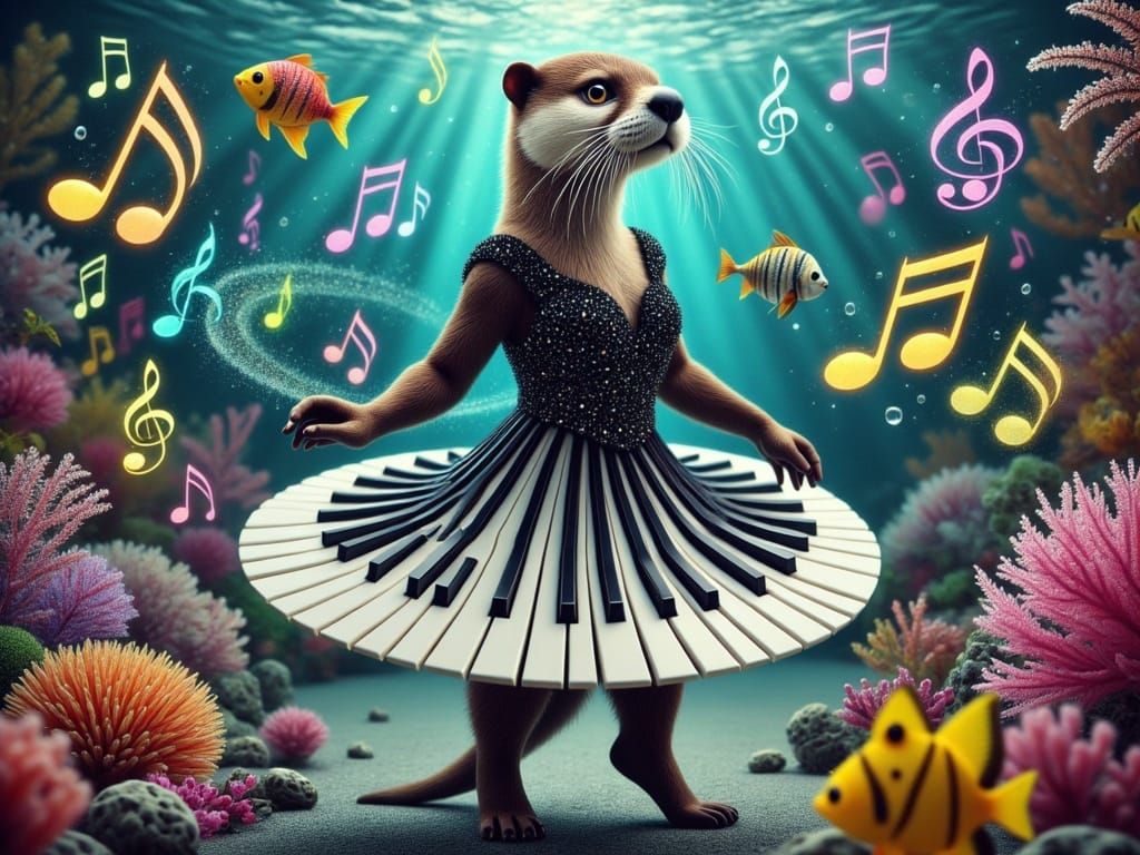 Realistic Otter in Enchanting Underwater Piano Concert