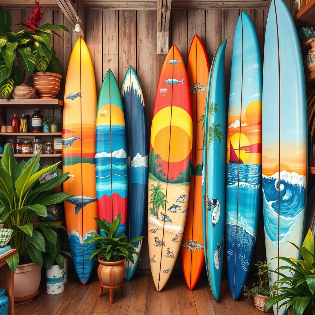 Vibrant Surf Shop Interior with Colorful Beach-Themed Surfbo...