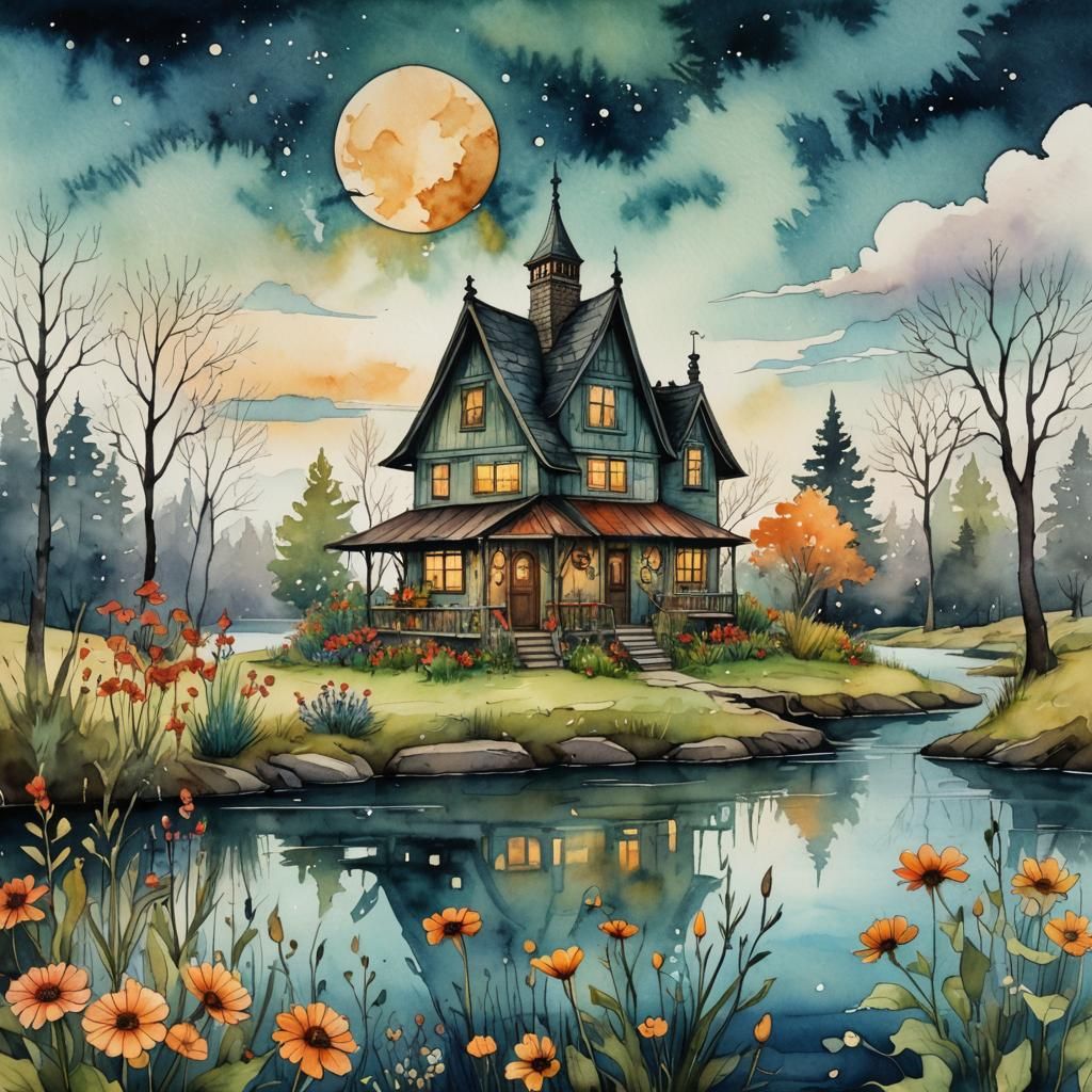Whimsical Witchy Home on River, Watercolor Illustration
