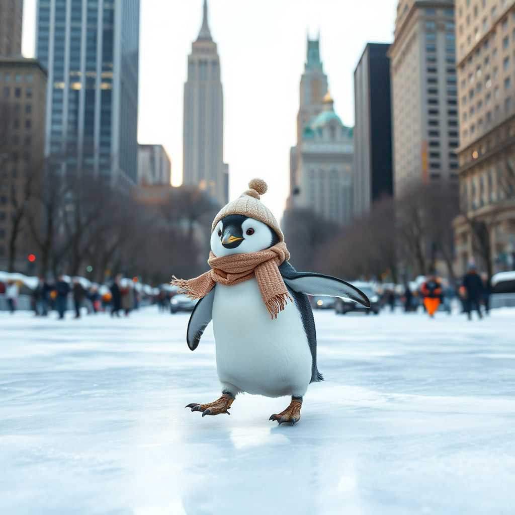 Penguin Ice Skating in Central Park: Dreamy 4K Scene