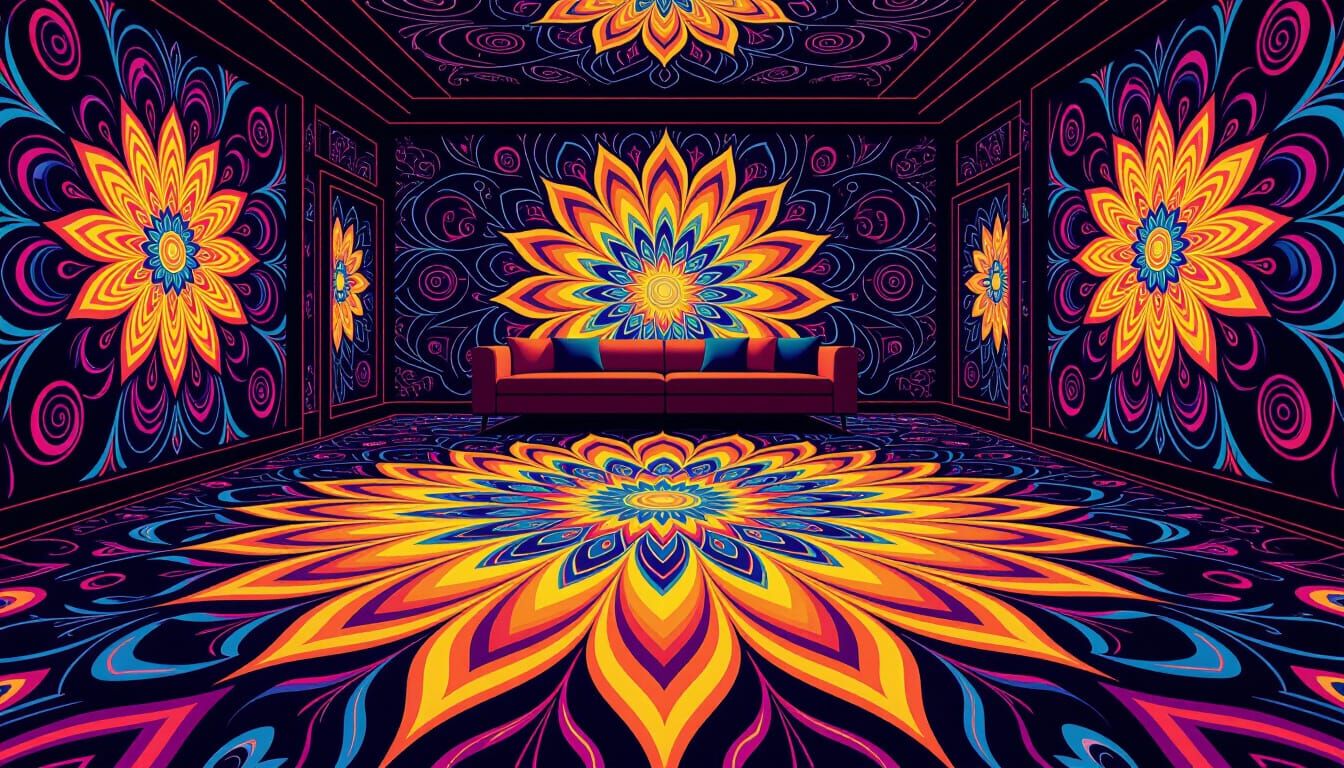 Kaleidoscopic Sunburst Carpet in Psychedelic Room