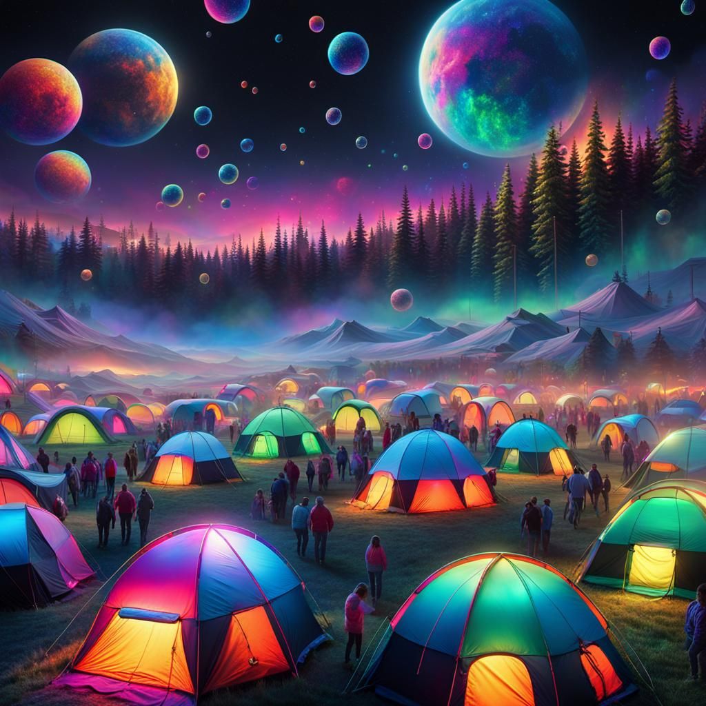 Neon Aurora and Metallic Tents in Night Sky