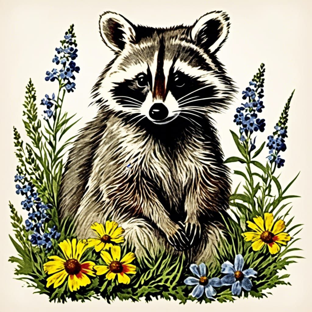Vintage Raccoon Illustration with Wildflowers