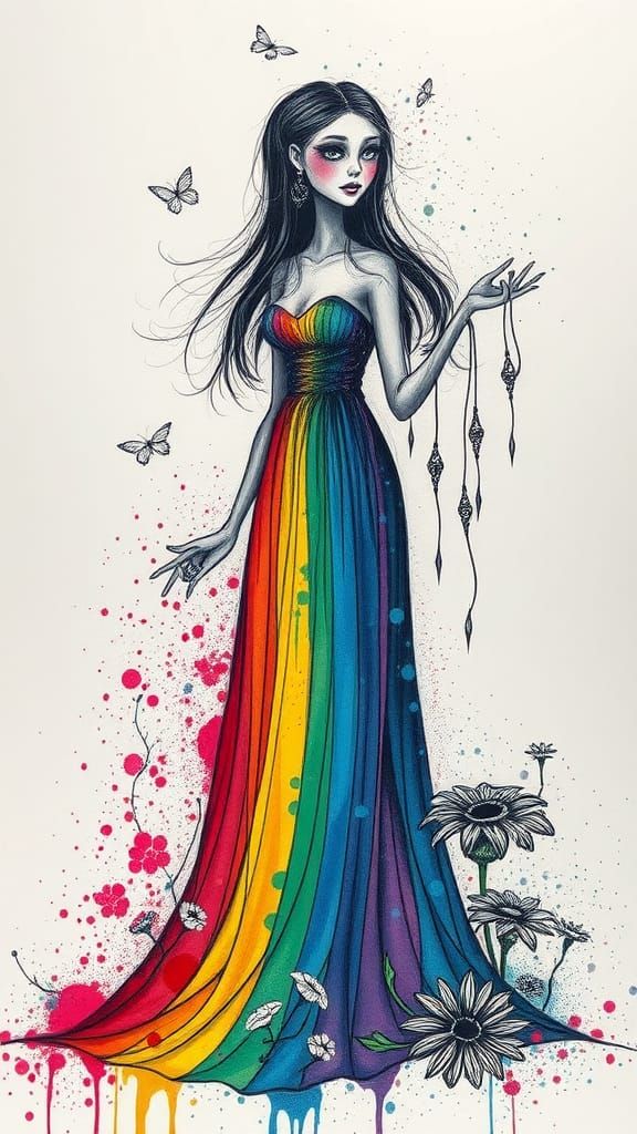 Rainbow Ink Splatter Ghost Woman in Gown