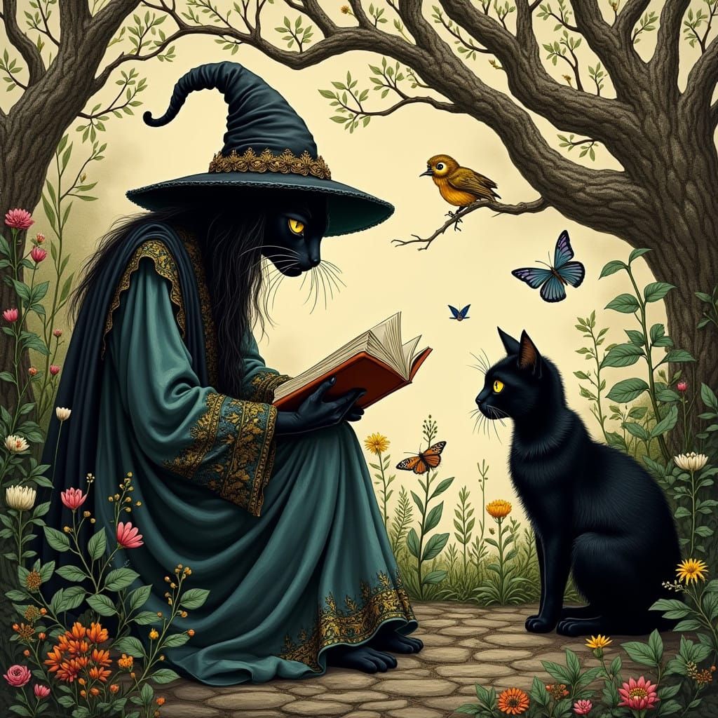 Ethereal Herb Witch Surrounded by Whimsical Creatures in a M...