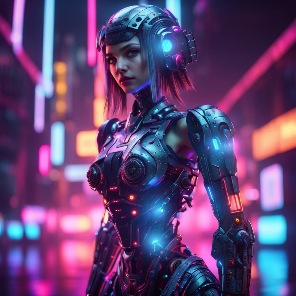 Neon Cyberpunk Girl Robot Art