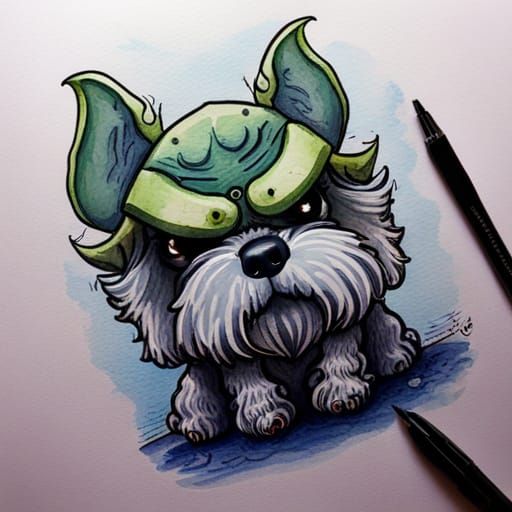 Schnauzer as Cthulhu in Watercolor Pen Illustration