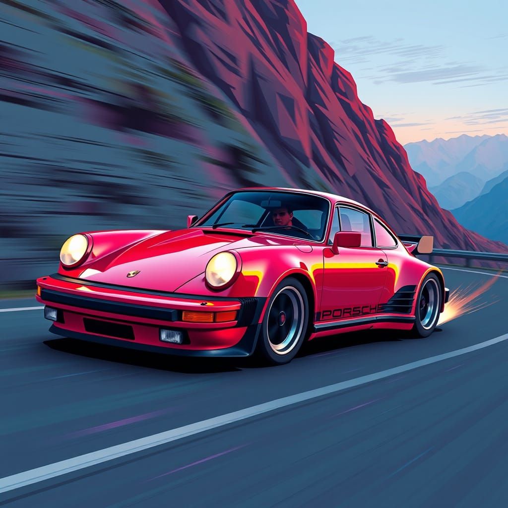 Vintage Futuristic Porsche 930 Speeds Down Mountain Road