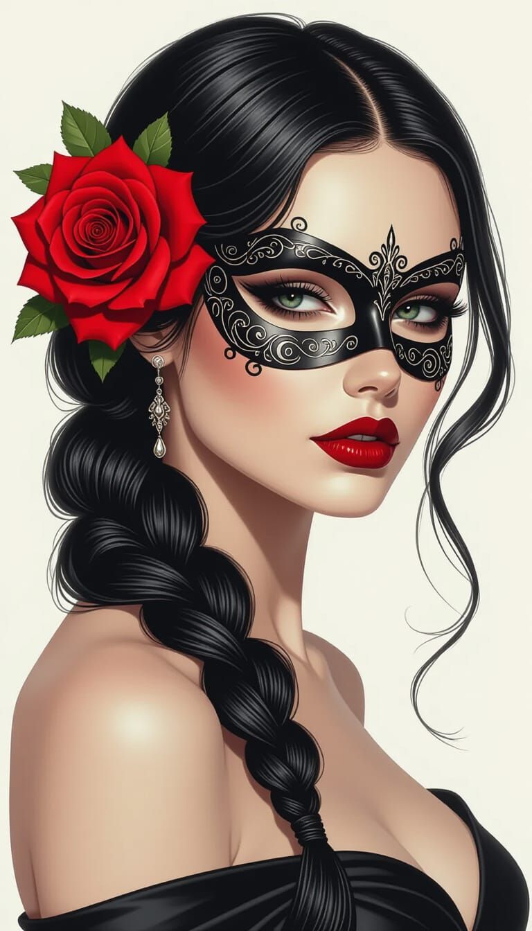 Mysterious Lady in Flowing Silk Dress with Mask