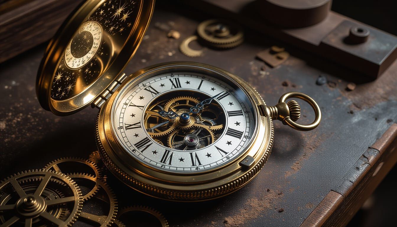 Celestial Pocket Watch Sticker on Dusty Workbench