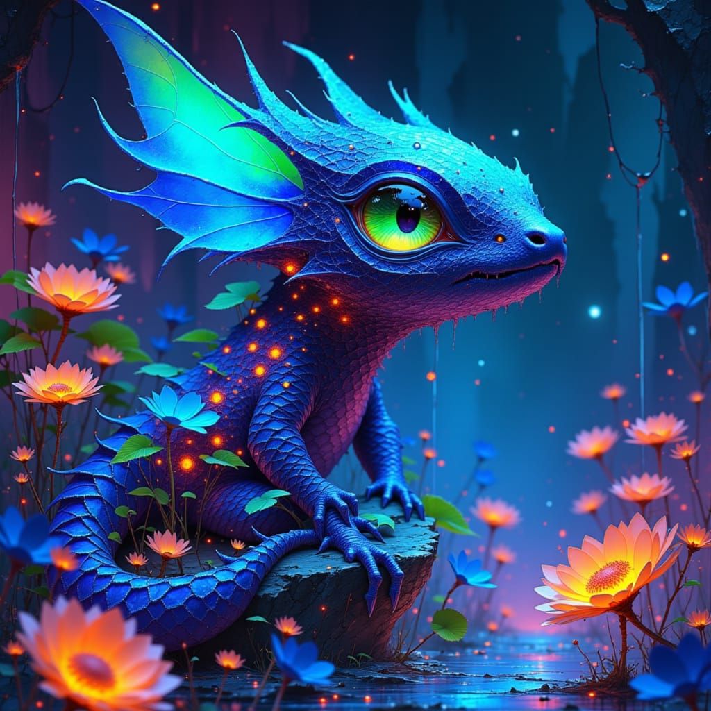 Iridescent Manga Creature in Bioluminescent Habitat