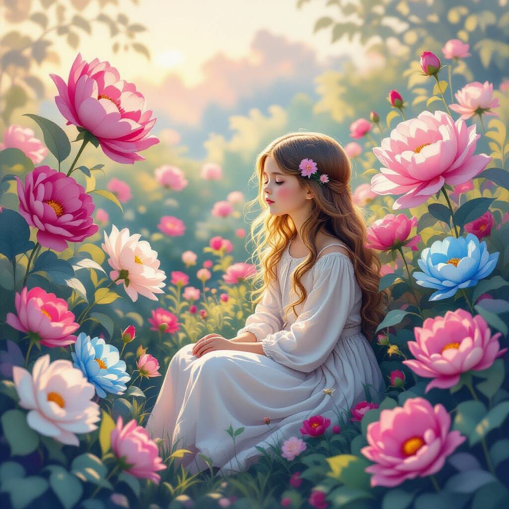 Twilight Garden with Luminous Flowers and Contemplative Girl