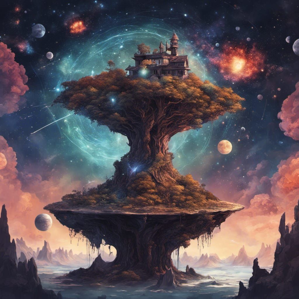 Paint a sorcerer perched atop a floating island, peering through telescopes at cosmic phenomena, surrounded by magical c...