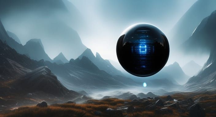 Floating Obsidian Orb in Ethereal Landscape