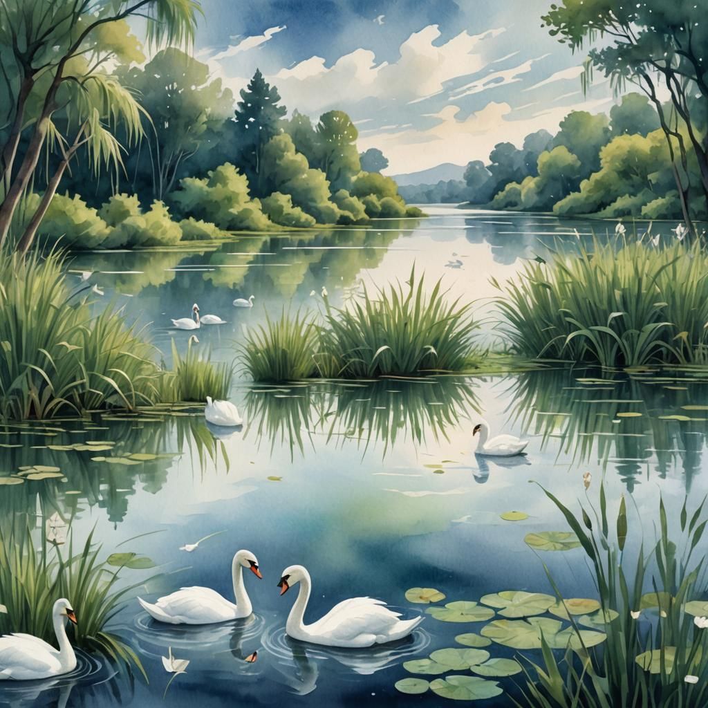 Serene Lake with Swans: Digital Watercolor Illustration
