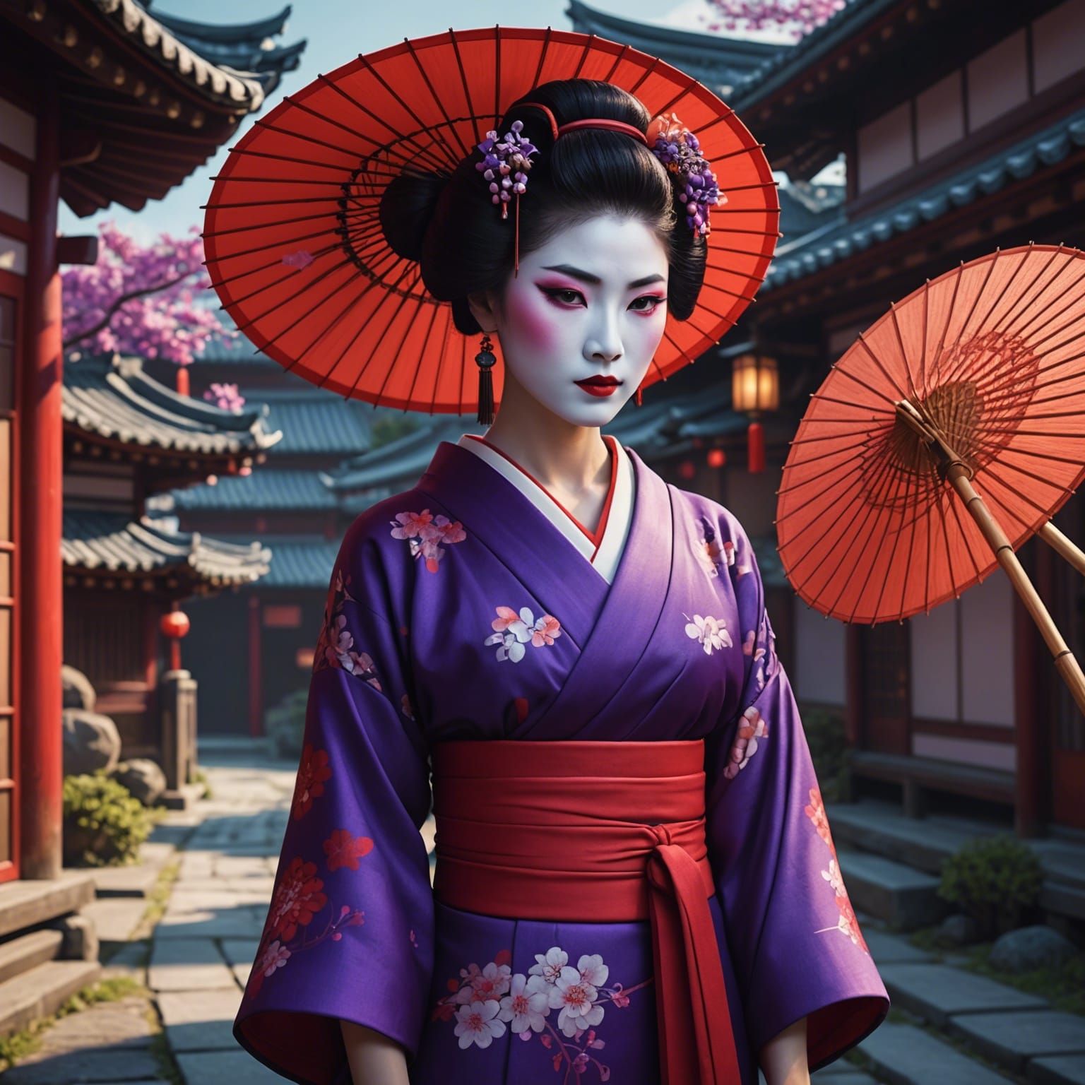 Geisha with Red Parasol, Detailed Matte Painting
