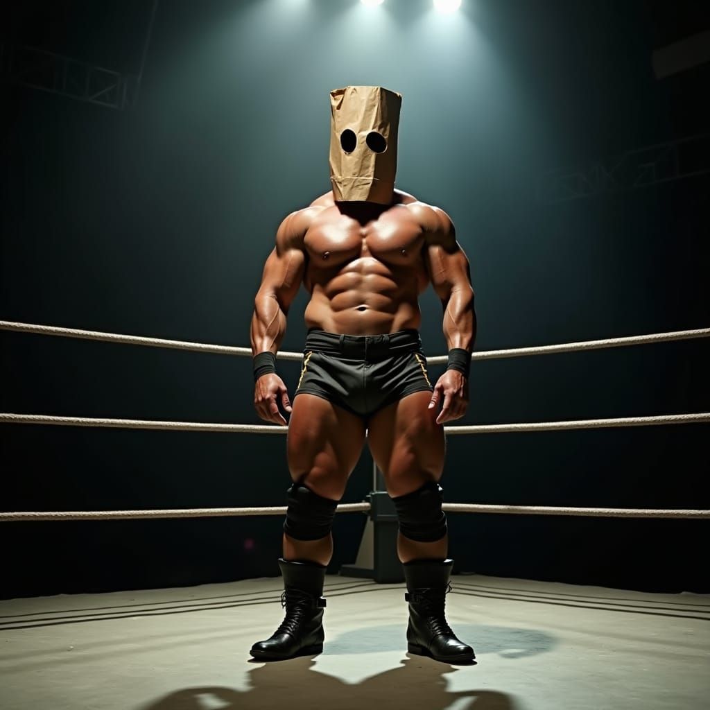 Intense Wrestler with Paper Bag Mask in Spotlight