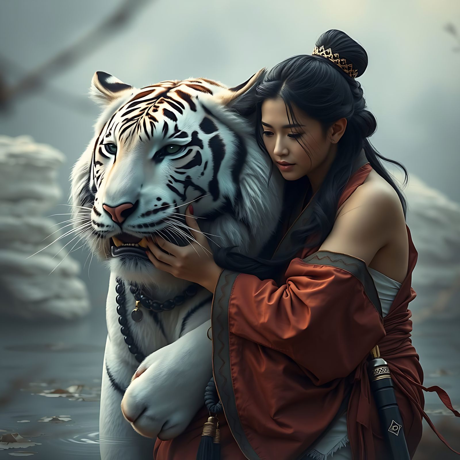 Epic Samurai and Gentle Tiger Bond in Serene Pond Landscape