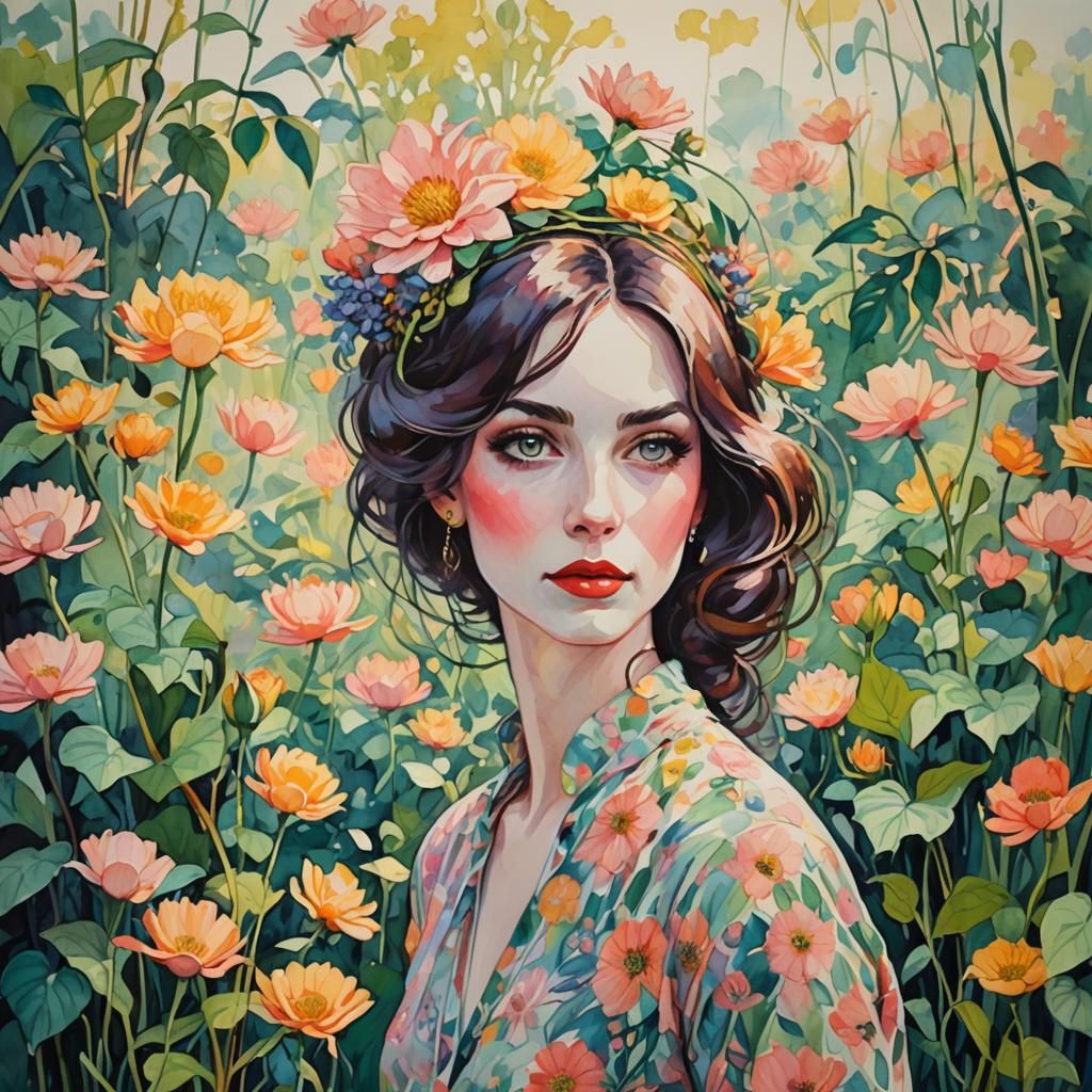 Magnificent Woman in Expressionist Watercolor Landscape