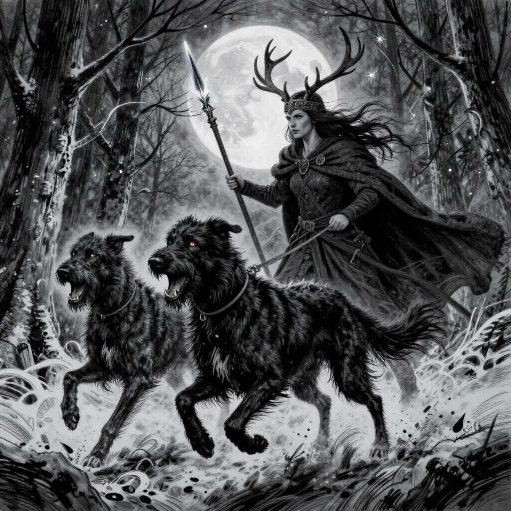 Celtic Huntress and Wolfhounds in Frozen Forest